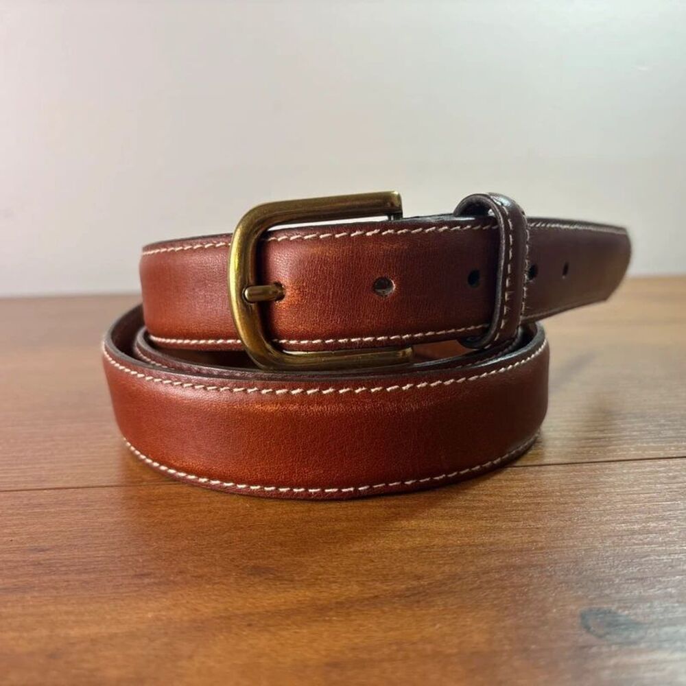 L.L. Bean Brown Full Grain Leather Chino Belt Brass Buckle White Stitching 46